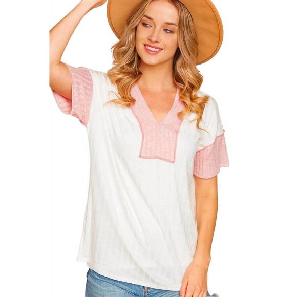 NEW HAPTICS vneck short sleeve top with pink detail in white - Picture 3 of 3